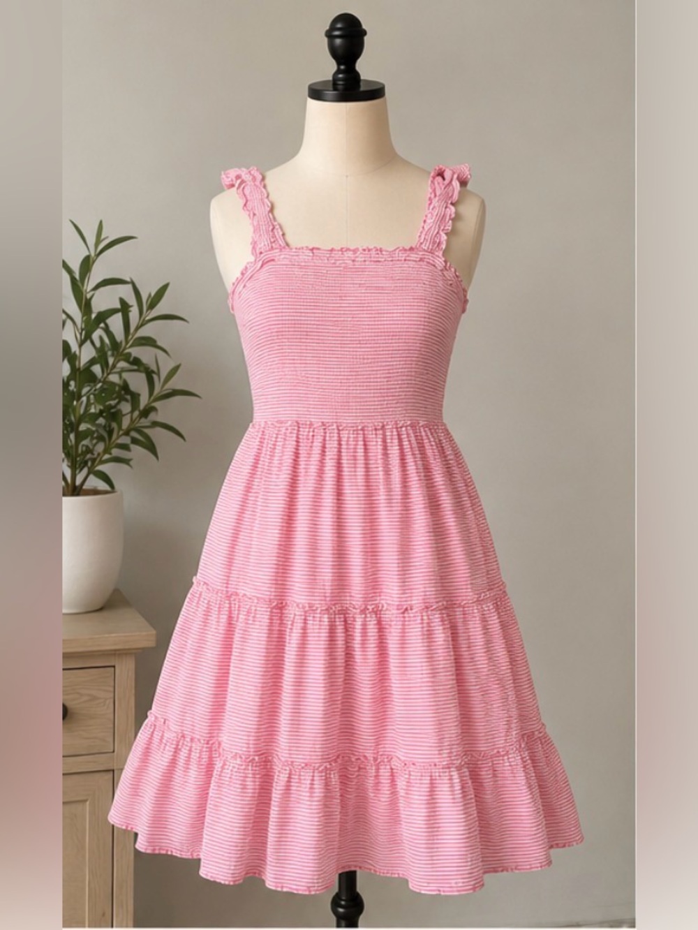 J.Crew Re-Imagined Pink Striped Smocked Midi Dress | XS